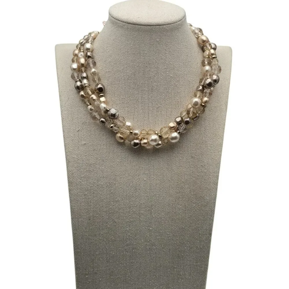 Champagne Pearl Crystal Multi Strand Necklace Quiet Luxury Evening Glam